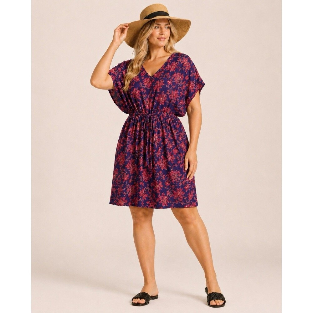 Lands’ End M/L Kaftan Swim Cover Up Dress Navy Pink Floral Resort NWT